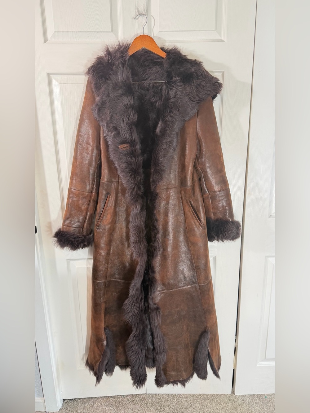 Pelli Kate Long Shearling Leather Hooded Coat Brown Women XL  XXL Penny Lane NWT